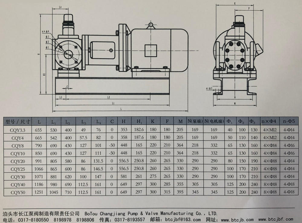 CQY磁力驱动圆弧齿轮泵外形及安装尺寸详细介绍图纸